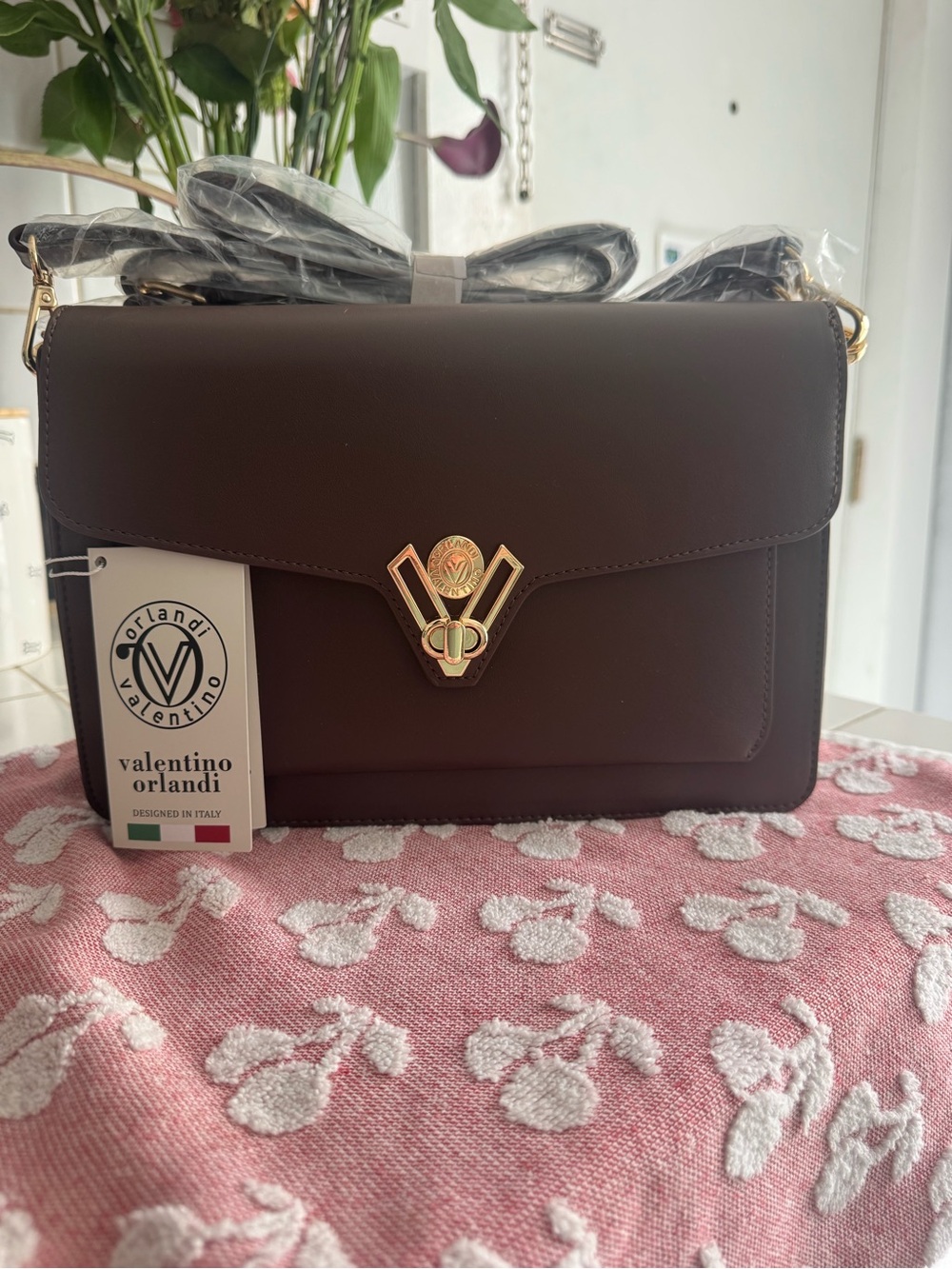 Valentino Orlandi Chocolate Brown Leather Crossbody with Gold Accent